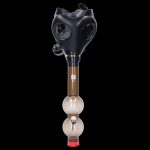 A straight-on view of the JM Plastics Black Gas Mask with Bright Acrylic Water Pipe, showcasing its dark finish and transparent pipe.