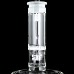 Clear glass bubbler with "STIIIZY" logo, isolated on a black background.