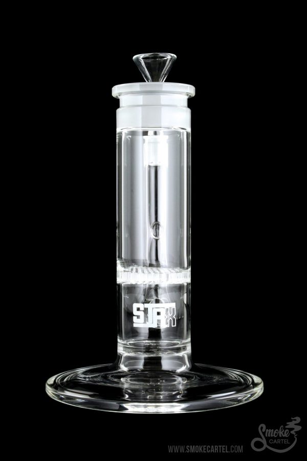 Clear glass bubbler with "STIIIZY" logo, isolated on a black background.