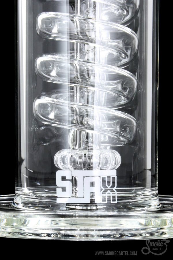 Front view of the GRAV® STAX Flare Base with Coil Showerhead Perc, showcasing its clear glass construction and coiled perc design.