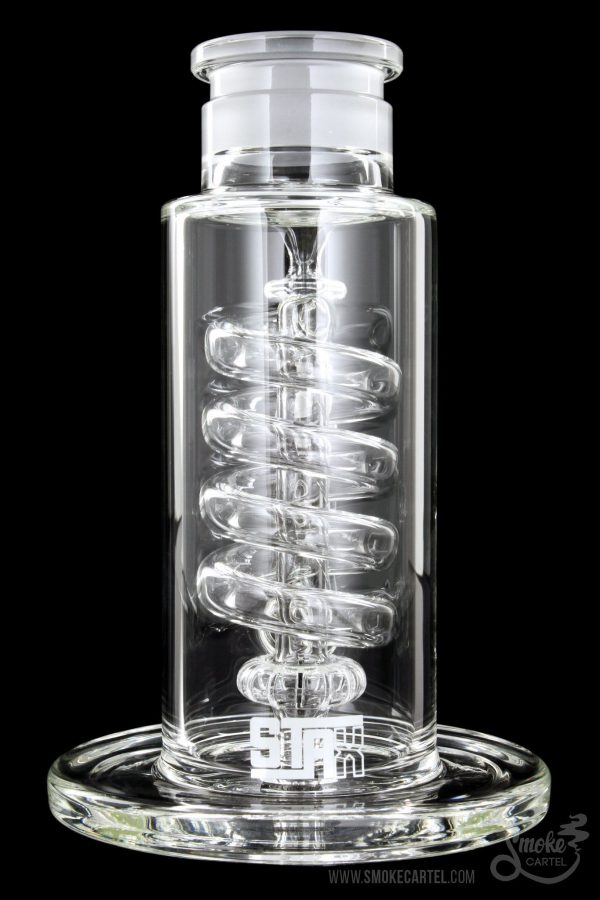 Front view of the GRAV® STAX Flare Base with Coil Showerhead Perc, showcasing its clear glass construction and coiled perc design.