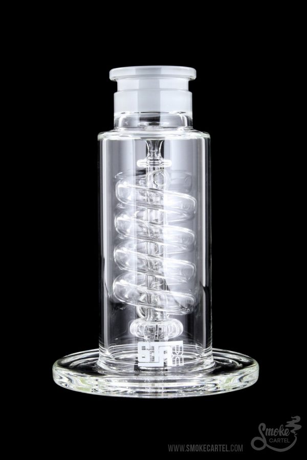 Front view of the GRAV® STAX Flare Base with Coil Showerhead Perc, showing its clear glass construction and unique coil perc design.