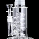 Front view of the GRAV® STAX Flare Base with Coil Showerhead Perc, showcasing its clear glass construction and unique coil perc design.