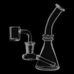 A front view of the Mini Glass Beaker with Quartz Banger, showing the clear glass beaker and its accompanying quartz banger.