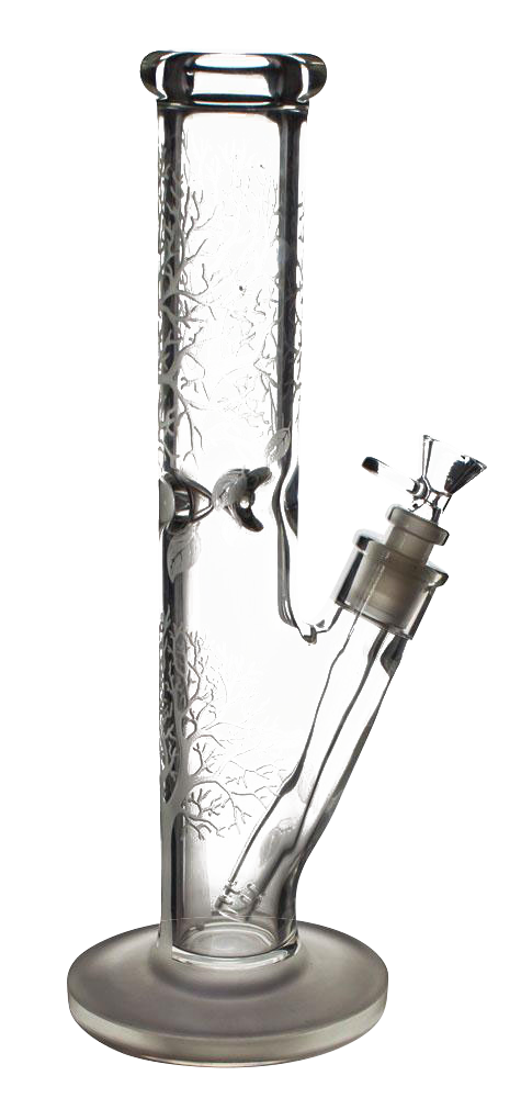 Front view of the Glow in the Dark Tree Water Pipe, a tall glass tube with etched tree branch designs.