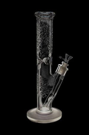 Front view of the Glow in the Dark Tree Water Pipe, a tall, clear glass pipe with a tree branch design.