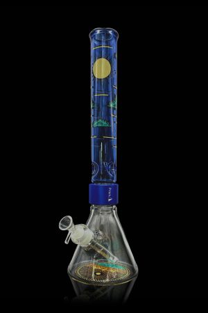 Blue glass bong with intricate designs and a clear glass mouthpiece, isolated on a black background.