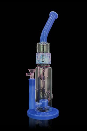 Blue glass water pipe (rig) with iridescent accents and a quartz banger.
