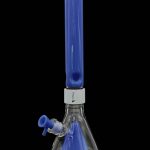 Blue glass bong with removable downstem and bowl against a black background.