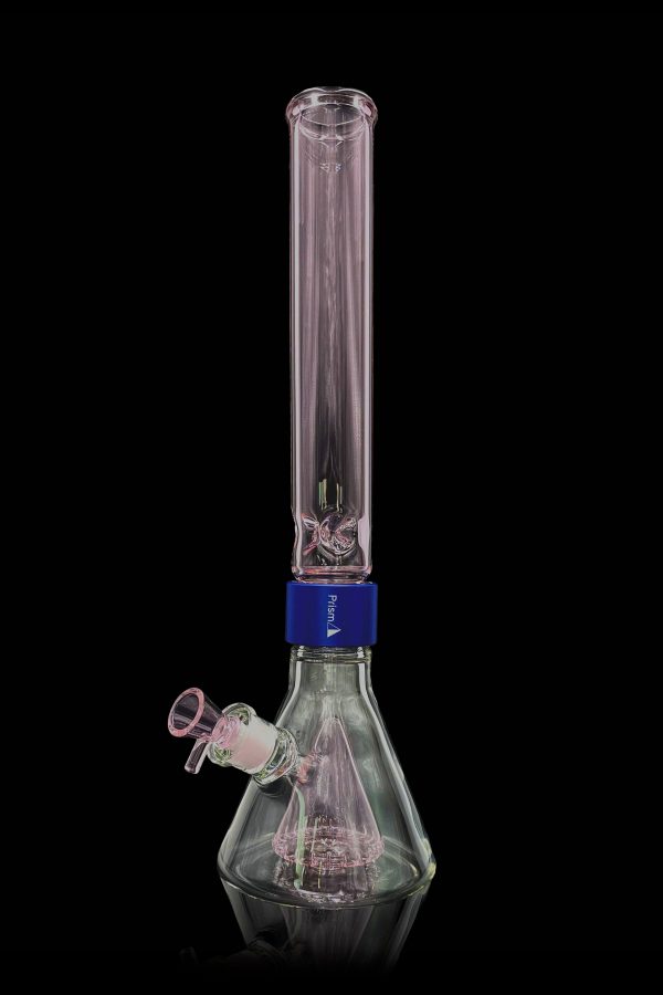 A tall, clear glass bong with pink and green swirls, illuminated from within, against a black background.