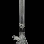 Clear glass water pipe (bong) with ice catcher and black branded neck against a black background.