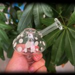 A hand holding a patterned glass bubbler with a green plant background.