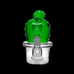 Green glass cactus-shaped dab rig with a clear bubbler base, isolated on a black background.