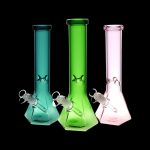 Front view of the Hextasy Hexagonal Beaker Water Pipe, showcasing its hexagonal shape and clear glass construction against a black background.