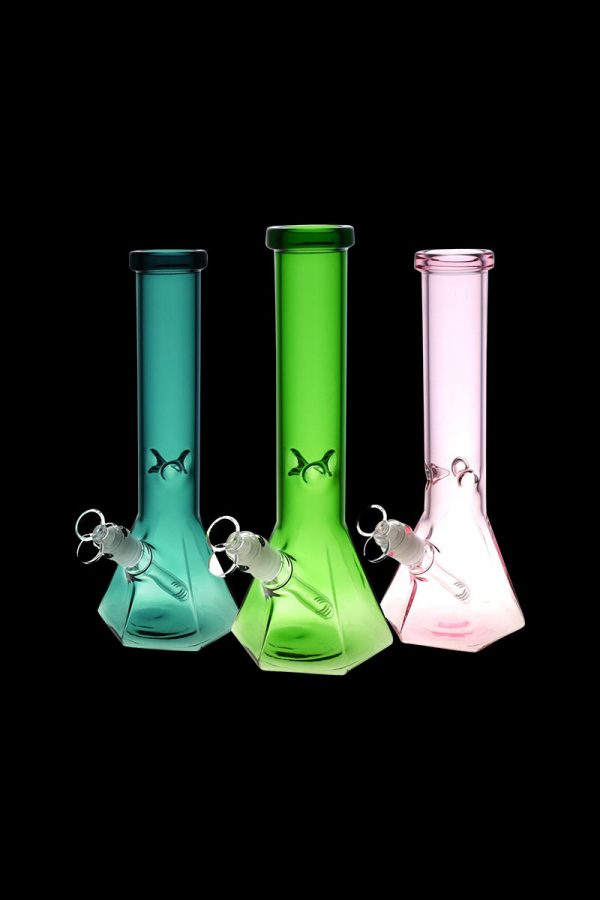 Front view of the Hextasy Hexagonal Beaker Water Pipe, showcasing its hexagonal shape and clear glass construction against a black background.
