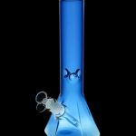 Front view of the Hextasy Hexagonal Beaker Water Pipe, showing the blue glass hexagonal shape against a black background.