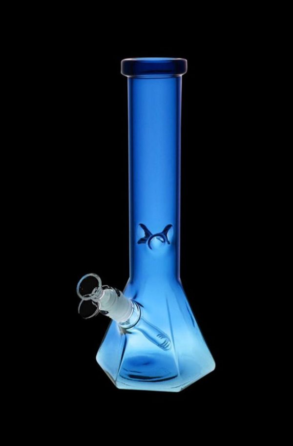 Front view of the Hextasy Hexagonal Beaker Water Pipe, showing the blue glass hexagonal shape against a black background.