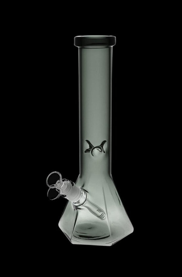 A front view of the Hextasy Hexagonal Beaker Water Pipe, showcasing its six-sided form and clear glass construction.