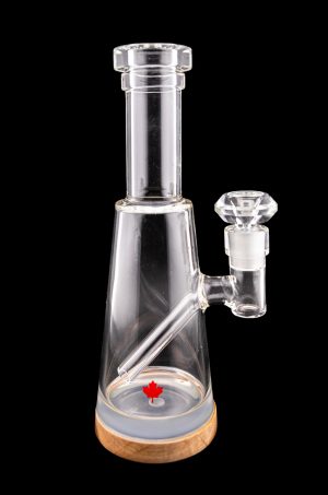 Clear glass water pipe (bong) with a maple leaf design in the base and a detachable glass bowl.