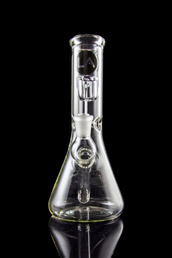 Clear glass water pipe (bong) with ice catch and brand logo, studio shot.