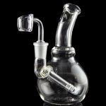 A front view of the LA Pipes Mini Bubble Base Concentrate Rig with a clear glass base and angled neck.