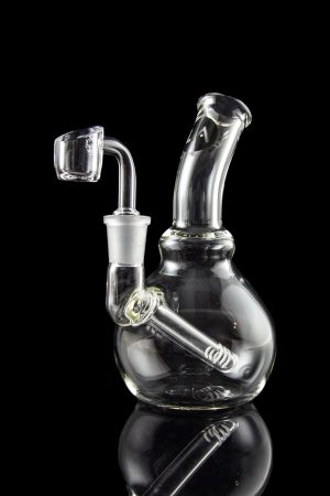 A front view of the LA Pipes Mini Bubble Base Concentrate Rig with a clear glass base and angled neck.