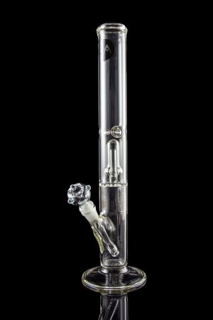 Clear glass bong with ice catch and intricate percolators, isolated on a black background.