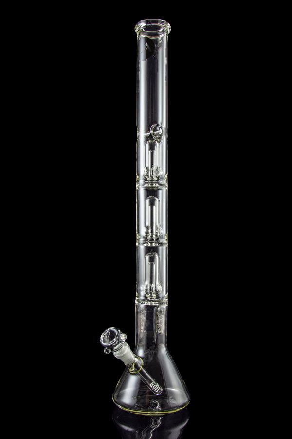 Front view of the LA Pipes 5mm Thick Beaker Water Pipe with Showerhead Perc, showcasing its clear glass construction and beaker shape.