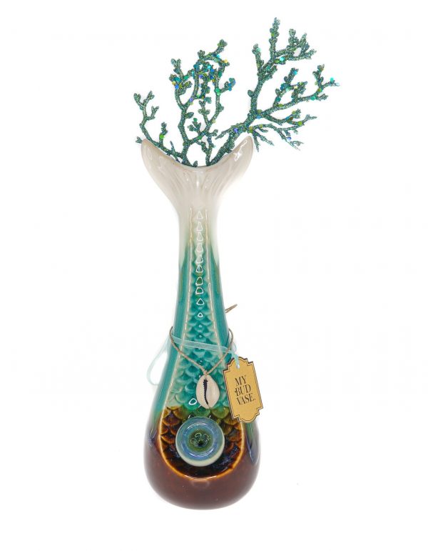 A front view of the "My Bud Vase "Mermaid" Water Pipe" shows a colorful glass pipe with ocean-inspired curves and a delicate, textured surface.