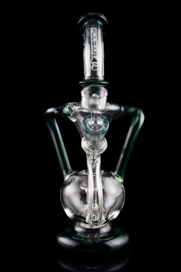 Green glass water pipe (rig) with bubbler and intricate design, isolated on a black background.
