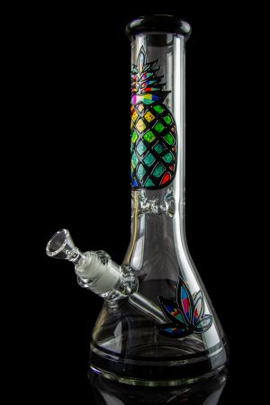 Glass bong with colorful geometric and floral designs, isolated on black.