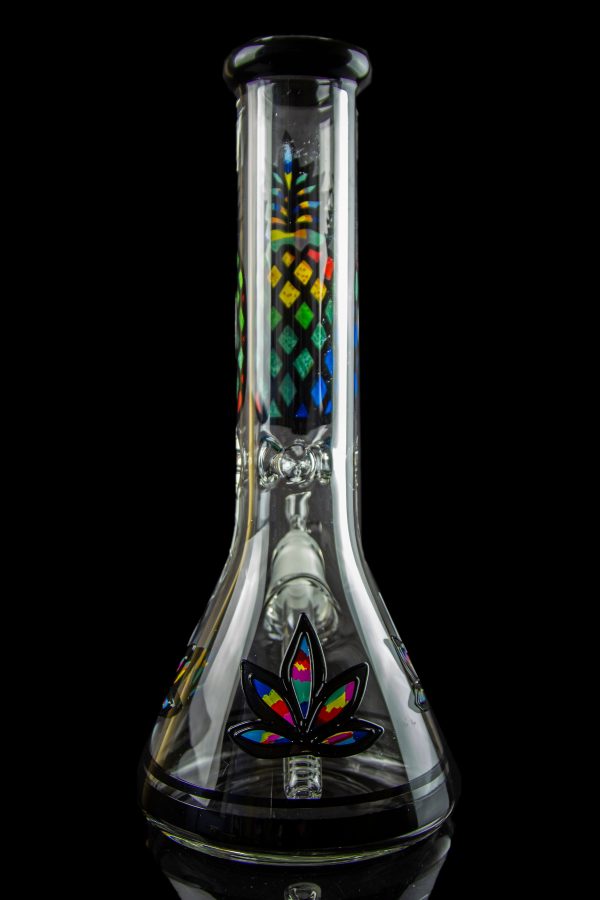 Glass water pipe (bong) with colorful floral design against a black background.