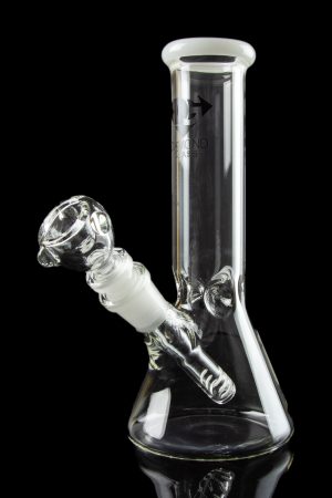A straight-on view of the Diamond Glass 8" Classic Beaker Bong, showing the clear glass construction and simple, cylindrical shape.