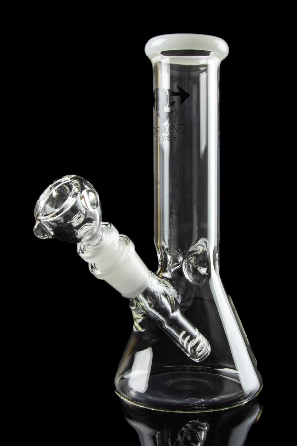 A straight-on view of the Diamond Glass 8" Classic Beaker Bong, showing the clear glass construction and simple, cylindrical shape.