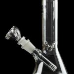 Front view of the Diamond Glass 8" Classic Beaker Bong, with clear glass and a simple, classic design reflected on a dark surface.