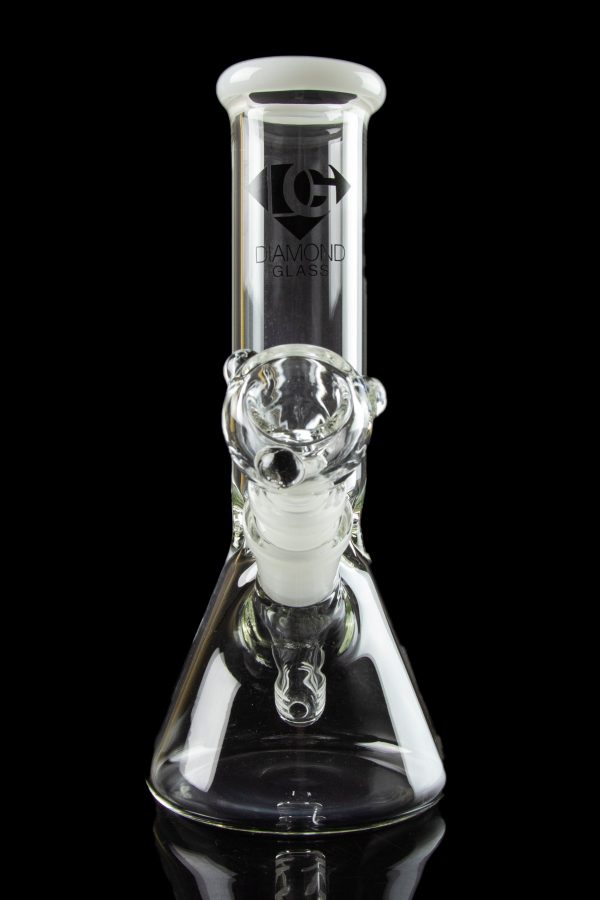 Clear glass bong with intricate bubble detailing and "Diamond Glass" logo, reflecting on a black surface.