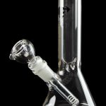 Front view of the Diamond Glass 8" Classic Beaker Bong, reflecting light on its clear glass surface against a dark background.