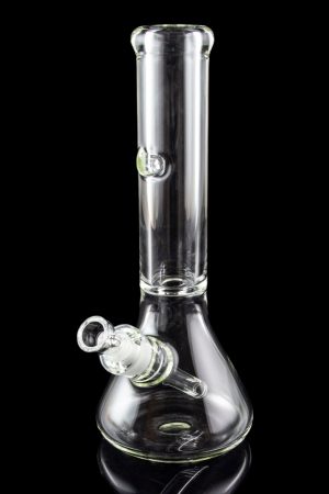 Clear glass bong with a flared base and ice catcher, isolated on black.