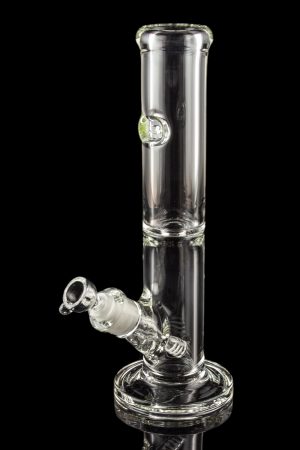 Clear glass water pipe (bong) with a flared base and ice catch, reflecting on a black surface.