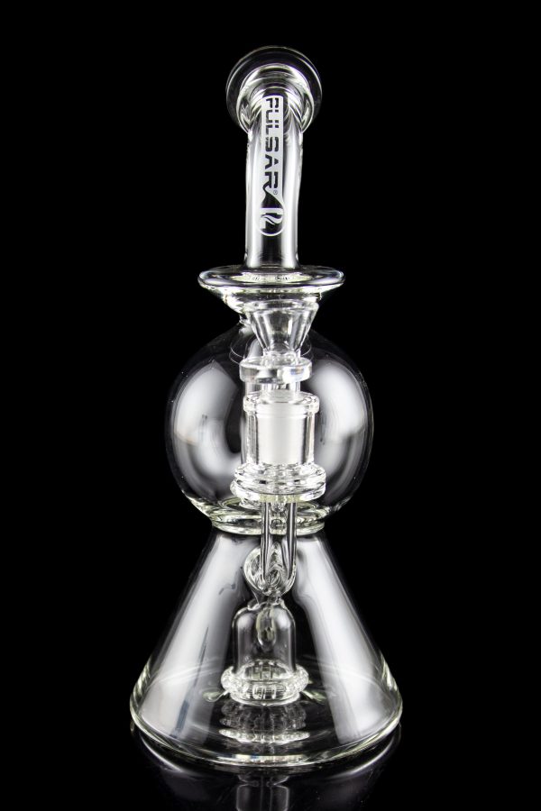 Clear glass water pipe (rig) with intricate perc filtration, branded "Pulsar" on the mouthpiece.