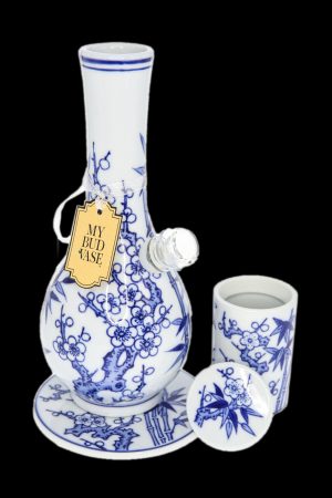 Blue and white porcelain cannabis water pipe ("bubbler") with matching storage jar, tagged "My Bud Vase."