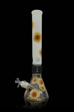 Glass water pipe with sunflower design.