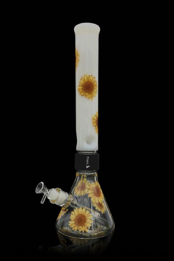 Glass water pipe with sunflower design.
