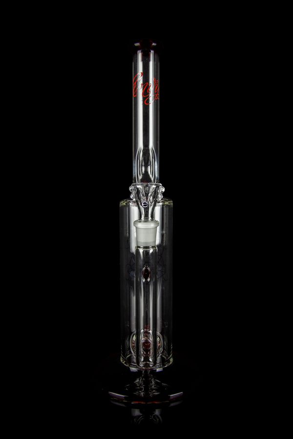 Glass cannabis water pipe (rig) with intricate striped design and visible bowl, isolated on black.