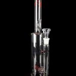 Clear glass water pipe (bong) with red accents and intricate web-like designs, studio shot on black background.