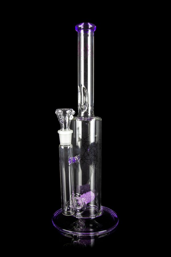 A clear glass water pipe (bong) with purple accents and intricate internal percolators, isolated on a black background.