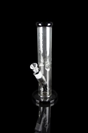 Clear glass water pipe (bong) with ice catcher, studio shot on black.