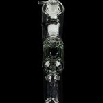 Clear glass bubbler water pipe against a black background.