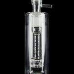Clear glass bubbler with etched logo and percolator, isolated on a black background.