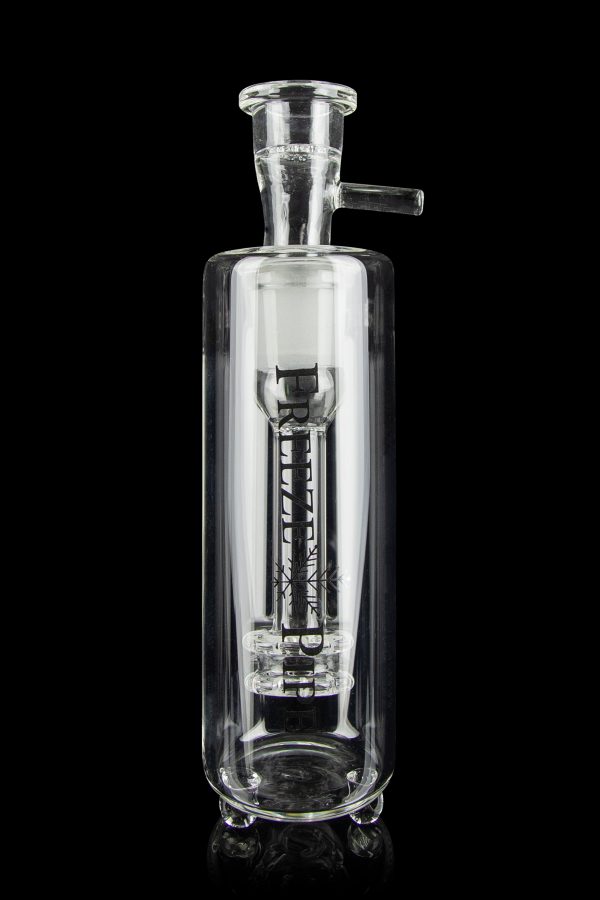 Clear glass bubbler with etched logo and percolator, isolated on a black background.